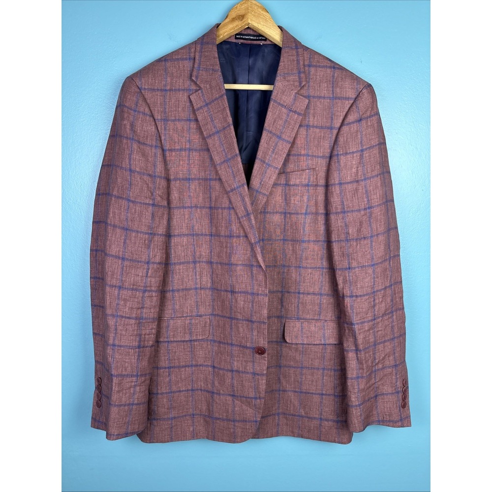 Tommy Hilfiger Mens 42L 100% Linen Two Button Blazer Sport Coat Window Pane